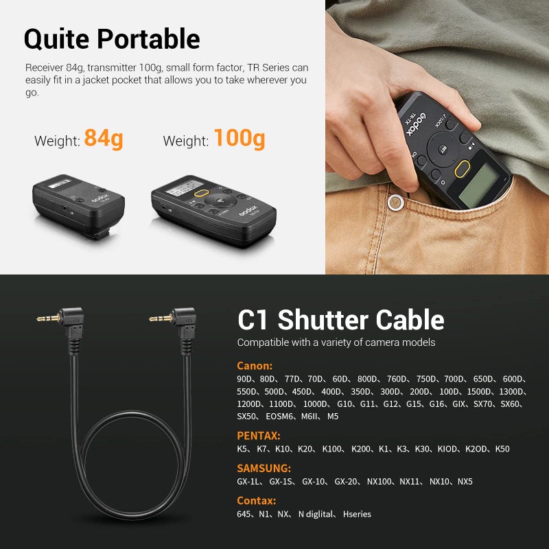 Godox TR-C1 TR-C3 Remote Shutter Release for Canon, Wireless Shutter Release Intervalometer Compatible for Canon R7 R6II R5 R RP 1Ds Mark III 5D Mark III 7D 6D 5D 90D 80D 70D 1200D G10 EOS M6 M6II M5 - Image 4