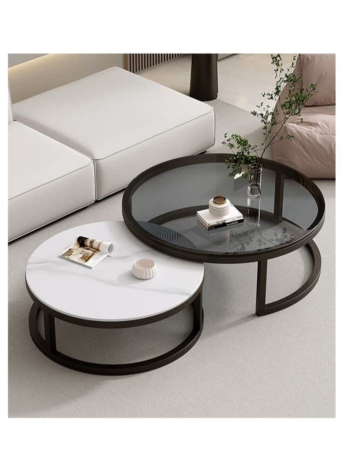 AGD - Modern Nesting Round Coffee Table Set of 2 Pieces for Living Room Balcony Garden Etc, Round Coffee Table with Solid Metal Frame Black/White - Image 1