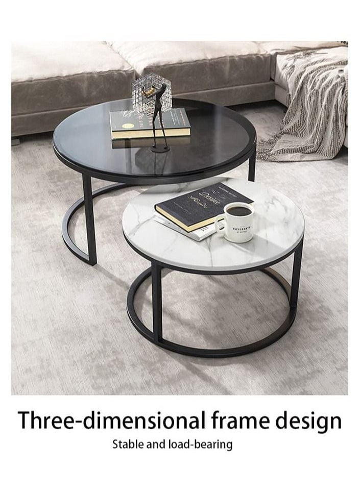 AGD - Modern Nesting Round Coffee Table Set of 2 Pieces for Living Room Balcony Garden Etc, Round Coffee Table with Solid Metal Frame Black/White - Image 1