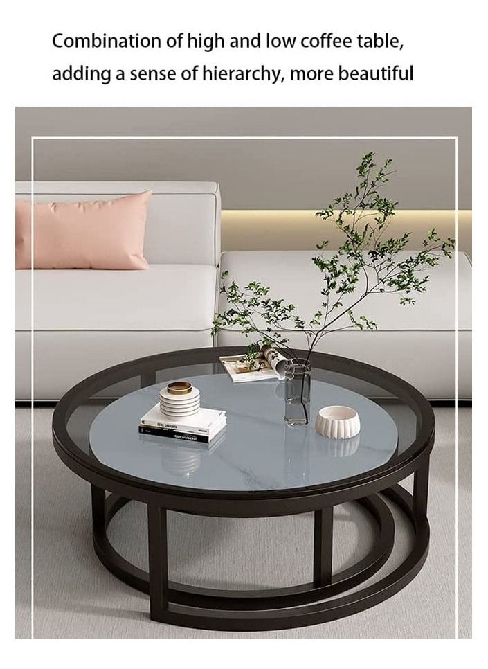 AGD - Modern Nesting Round Coffee Table Set of 2 Pieces for Living Room Balcony Garden Etc, Round Coffee Table with Solid Metal Frame Black/White - Image 1