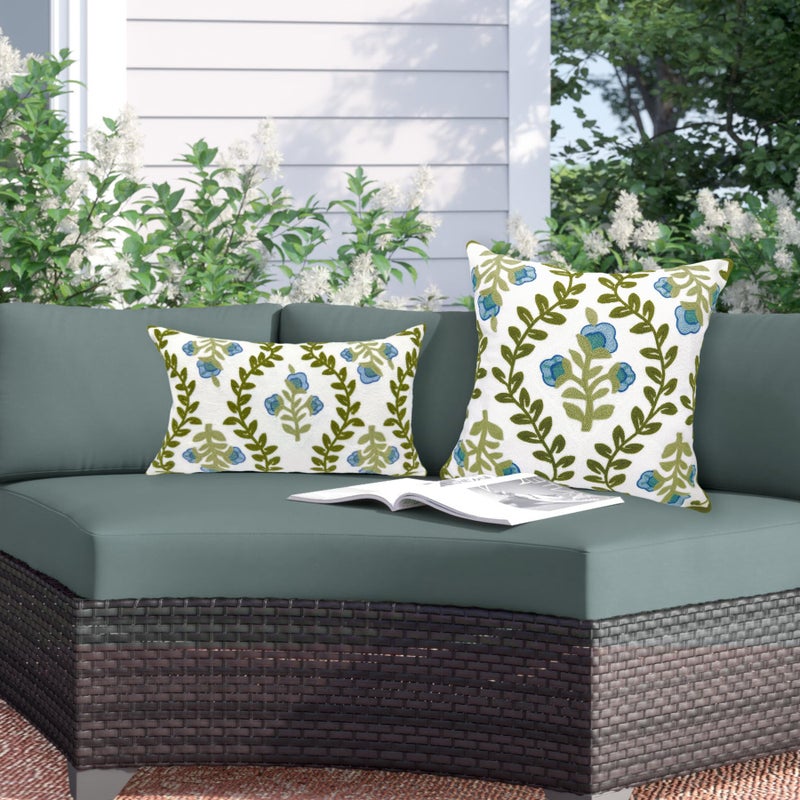 Alysheer Floral Embroidered Summer Decorative Throw Pillow Cover 18"x 18", Farmhouse Cottage Blue Flowers Green Leaves Knit Pattern Cotton Canvas Cushion Case for Sofa Couch Bed Living Room Decor - Image 4