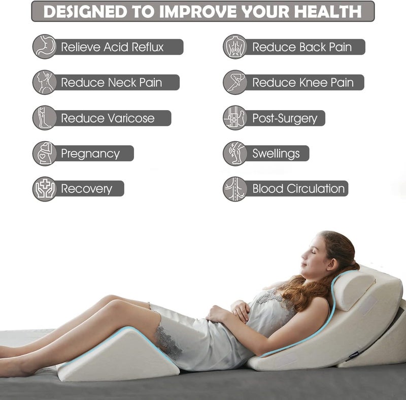Ganaver 4pcs Orthopedic Bed Wedge Pillow Set Post Surgery Relaxing Back Adjustable Head Support Cushion Triangle Memory Foam Pillow for Acid Reflux Sleeping Reading Leg Elevation Snoring White - Image 3
