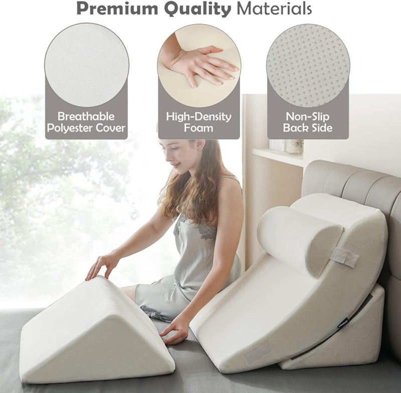 Ganaver 4pcs Orthopedic Bed Wedge Pillow Set Post Surgery Relaxing Back Adjustable Head Support Cushion Triangle Memory Foam Pillow for Acid Reflux Sleeping Reading Leg Elevation Snoring White - Image 2