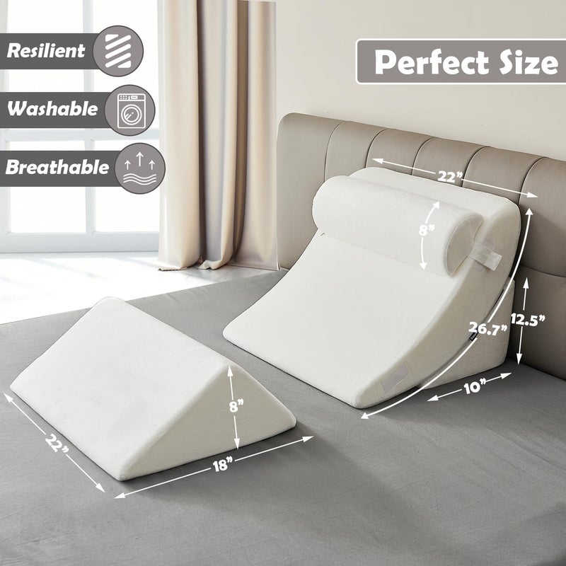 Ganaver 4pcs Orthopedic Bed Wedge Pillow Set Post Surgery Relaxing Back Adjustable Head Support Cushion Triangle Memory Foam Pillow for Acid Reflux Sleeping Reading Leg Elevation Snoring White - Image 4