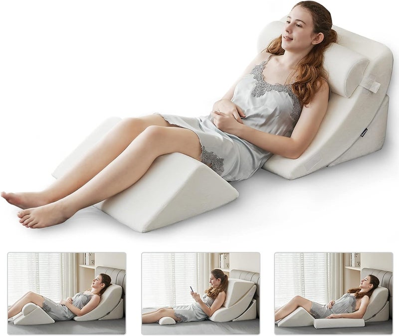 Ganaver 4pcs Orthopedic Bed Wedge Pillow Set Post Surgery Relaxing Back Adjustable Head Support Cushion Triangle Memory Foam Pillow for Acid Reflux Sleeping Reading Leg Elevation Snoring White - Image 1