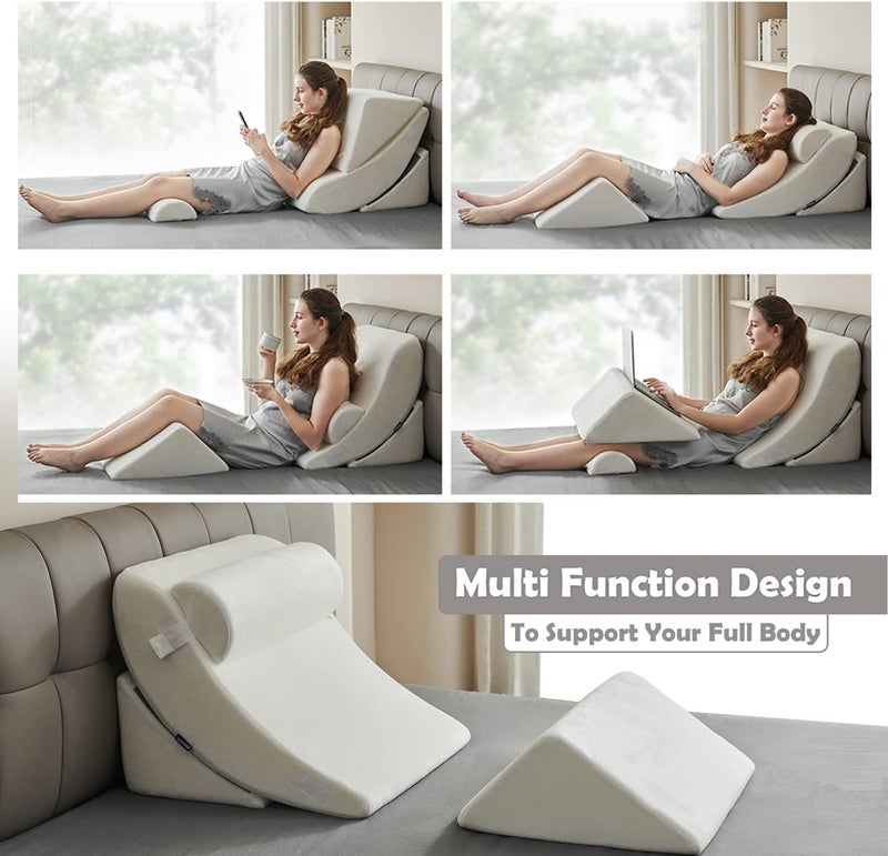 Ganaver 4pcs Orthopedic Bed Wedge Pillow Set Post Surgery Relaxing Back Adjustable Head Support Cushion Triangle Memory Foam Pillow for Acid Reflux Sleeping Reading Leg Elevation Snoring White - Image 5