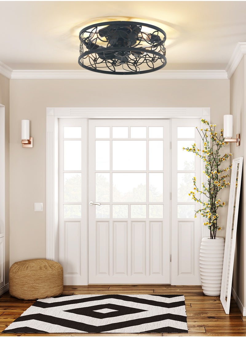 Ganeed - 18in Caged Ceiling Fan with Light,Rustic Farmhouse Ceiling Fans with Lights and Remote,Bladeless Black Fandelier Ceiling Fan,Small Flush Mount Ceiling Fan for Kitchen, Bedroom（6 Speed, Timing） - Image 1