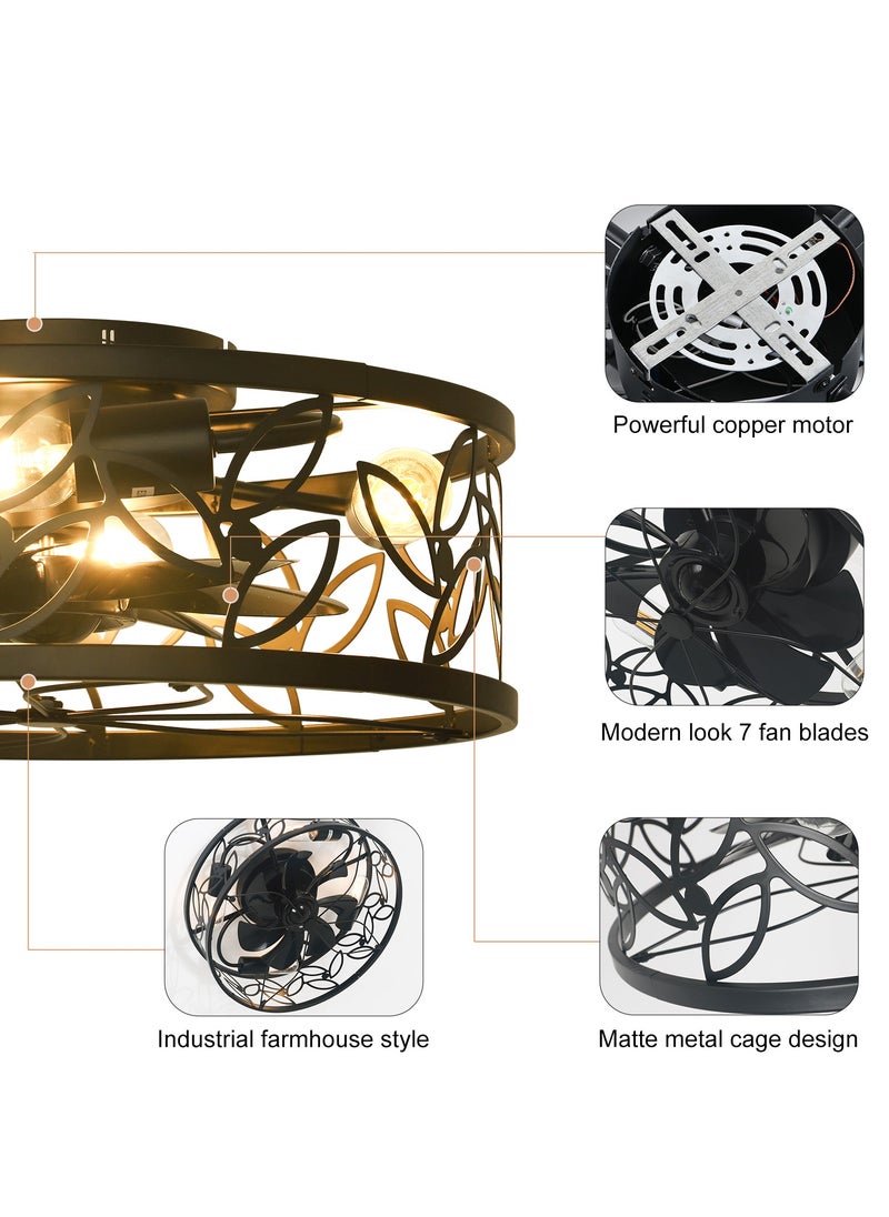 Ganeed - 18in Caged Ceiling Fan with Light,Rustic Farmhouse Ceiling Fans with Lights and Remote,Bladeless Black Fandelier Ceiling Fan,Small Flush Mount Ceiling Fan for Kitchen, Bedroom（6 Speed, Timing） - Image 1