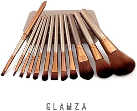 Glamza مجموعة فرش مكياج للوجه والعين والشفتين من غلمازا 12 قطعة باللونين الذهبي والأبيض مع علبة معدنية - Image 2