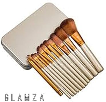 Glamza مجموعة فرش مكياج للوجه والعين والشفتين من غلمازا 12 قطعة باللونين الذهبي والأبيض مع علبة معدنية - Image 5