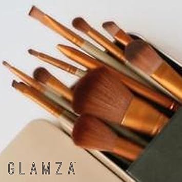 Glamza مجموعة فرش مكياج للوجه والعين والشفتين من غلمازا 12 قطعة باللونين الذهبي والأبيض مع علبة معدنية - Image 3