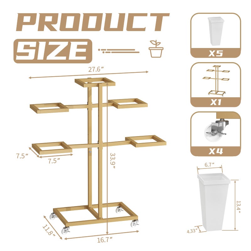 MILEFA Flower bar Stand with Buckets, Moving Flower display stand with Wheels, Metal Flower cart for Bridal Shower, Wedding, Party, Garden, Gold - Image 5