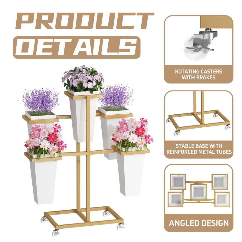 MILEFA Flower bar Stand with Buckets, Moving Flower display stand with Wheels, Metal Flower cart for Bridal Shower, Wedding, Party, Garden, Gold - Image 4