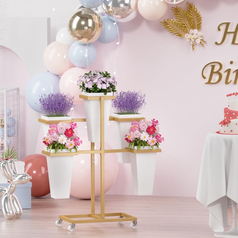 MILEFA Flower bar Stand with Buckets, Moving Flower display stand with Wheels, Metal Flower cart for Bridal Shower, Wedding, Party, Garden, Gold - Image 3