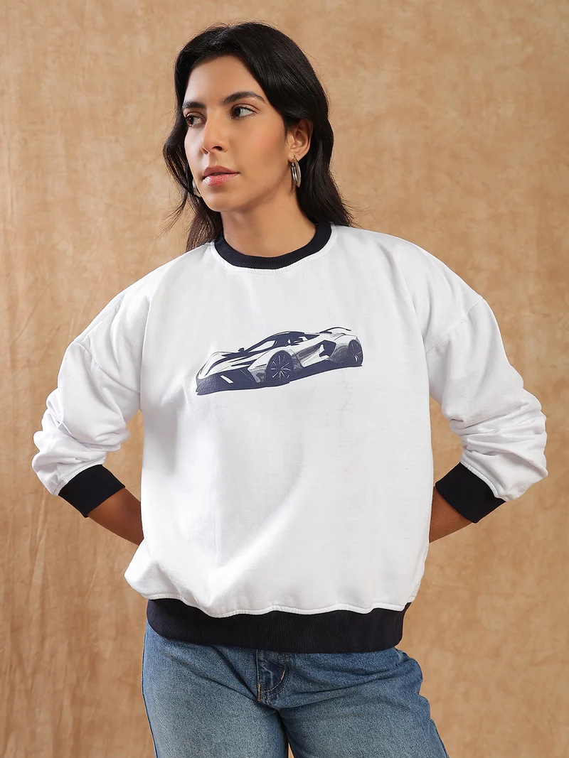 Globus Women Cream Graphic Print Drop Shoulder Sleeves Round Neck Ribbed Hem Pullover Sweatshirt (Fleece 260-280 GSM)