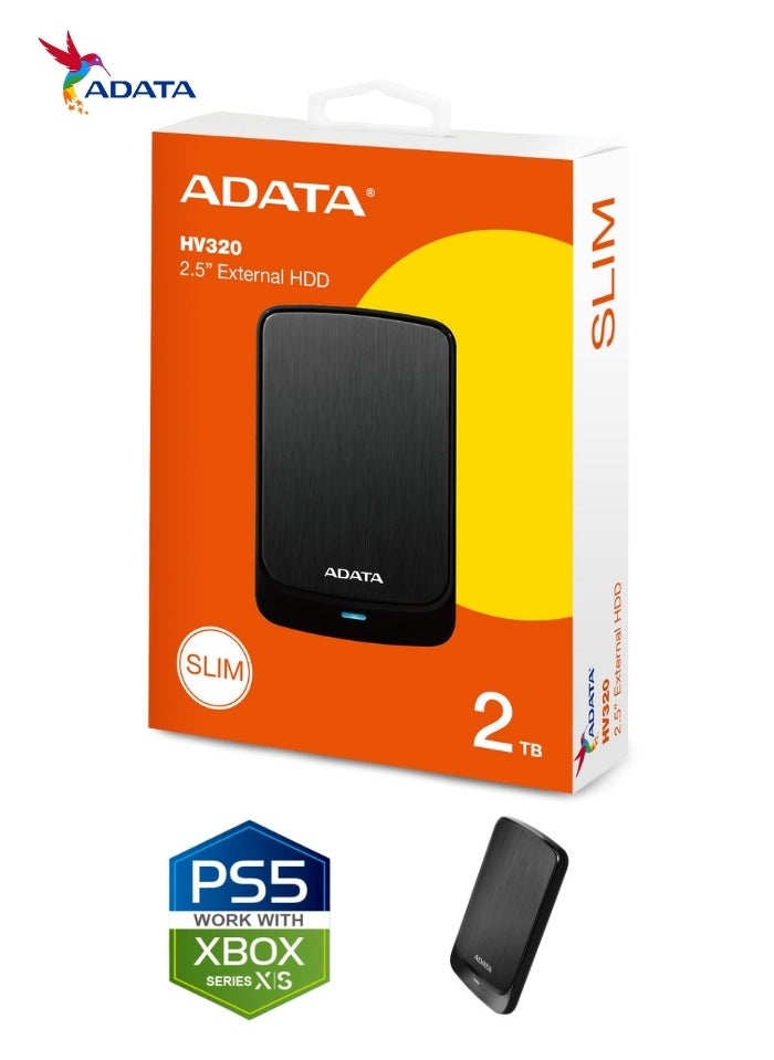 أداتا - محرك الأقراص الصلبة الخارجي ADATA HV320 سعة 2 تيرابايت محرك الأقراص الصلبة المحمول النحيف ونقل البيانات بسرعة | أسود - Image 1