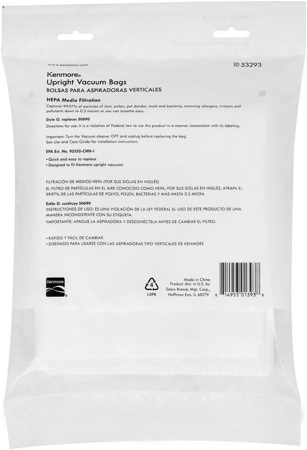 Kenmore 53293 Style O HEPA Cloth Vacuum Bags for Kenmore Upright Vacuum Cleaners 2 PackWhite - Image 4