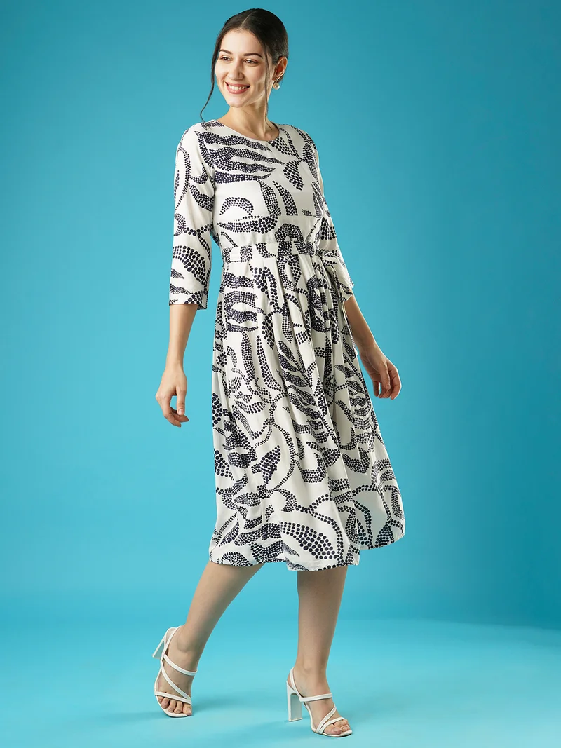 جلو باص فستان ميدي نسائي مطبوع بقصة واسعة من الأسفل