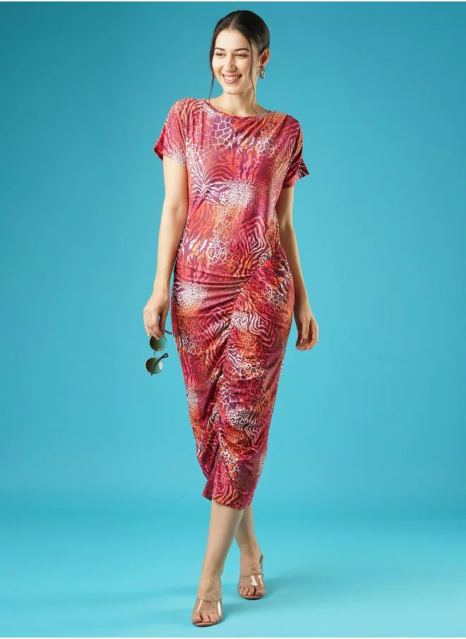 جلو باص Animal Printed Ruched Bodycon Midi Dress by Styli