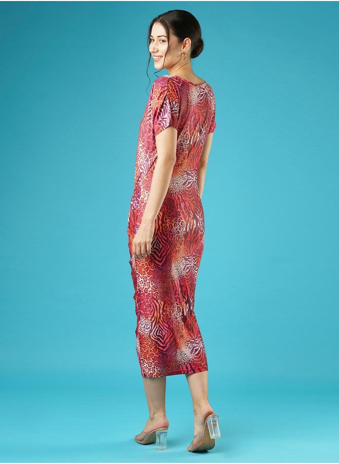 globus - Animal Printed Ruched Bodycon Midi Dress by Styli - Image 1