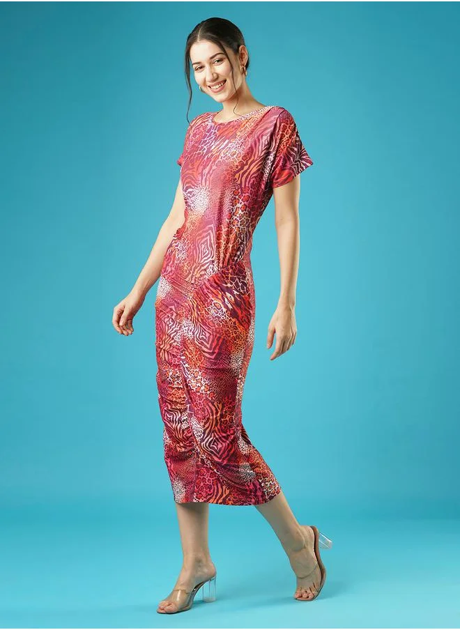 جلو باص Animal Printed Ruched Bodycon Midi Dress by Styli