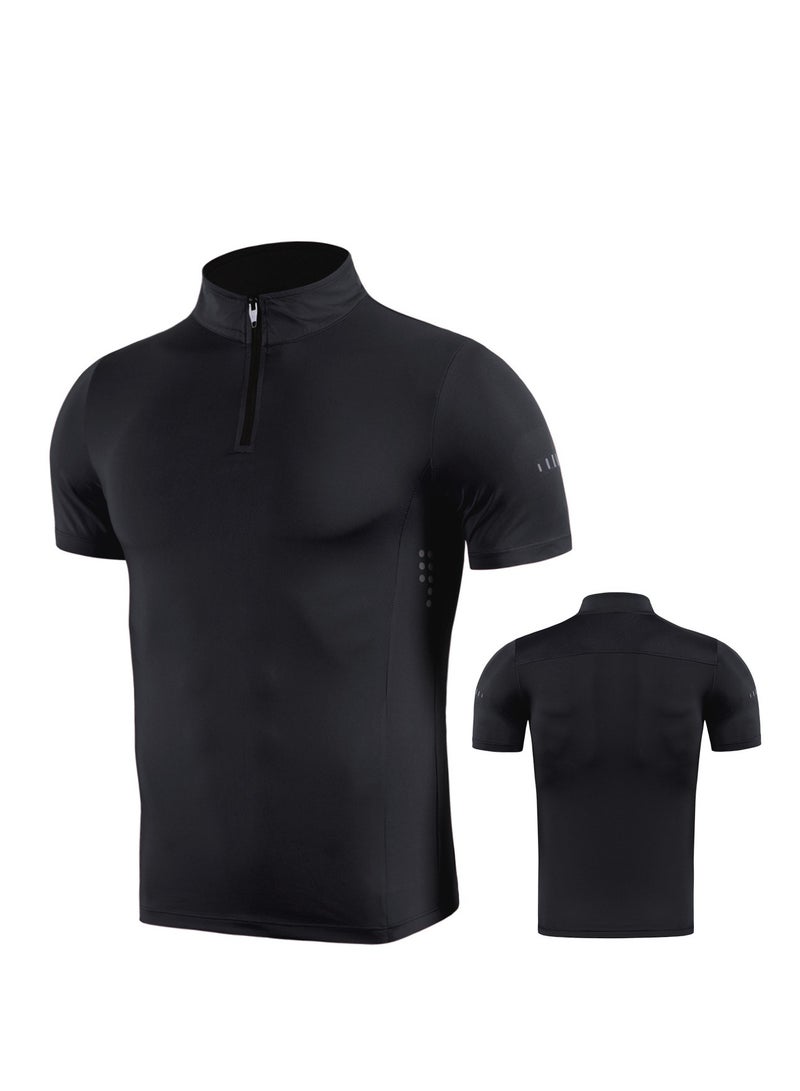 Men's short sleeve high neck fitness compression t-shirt cool dry moisture wicking stretch 1/4 zip basketball training running sweat sports tight top - Image 1