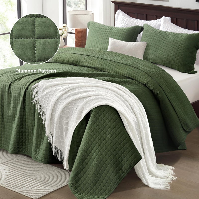SunStyle Home Olive Green Queen Quilt Bedding Set, Lightweight Comforter Bedspread Blanket Full Soft Reversible Coverlet All Season 3pcs Army Green Square Quilted Bed Set with 2 Pillow Shams for Couch - Image 2
