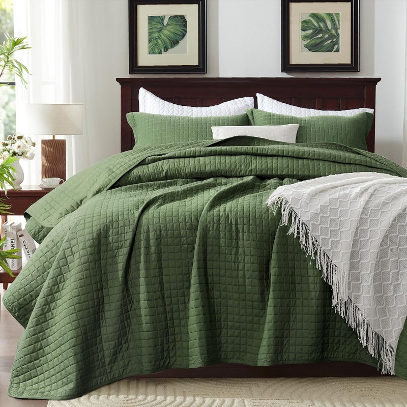 SunStyle Home Olive Green Queen Quilt Bedding Set, Lightweight Comforter Bedspread Blanket Full Soft Reversible Coverlet All Season 3pcs Army Green Square Quilted Bed Set with 2 Pillow Shams for Couch - Image 4