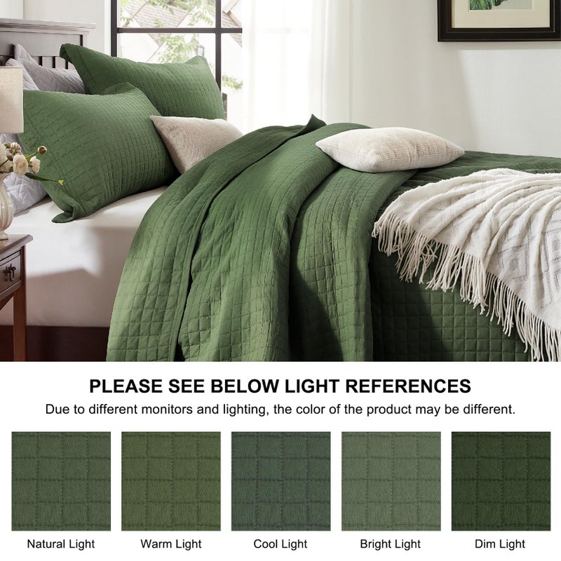 SunStyle Home Olive Green Queen Quilt Bedding Set, Lightweight Comforter Bedspread Blanket Full Soft Reversible Coverlet All Season 3pcs Army Green Square Quilted Bed Set with 2 Pillow Shams for Couch - Image 3