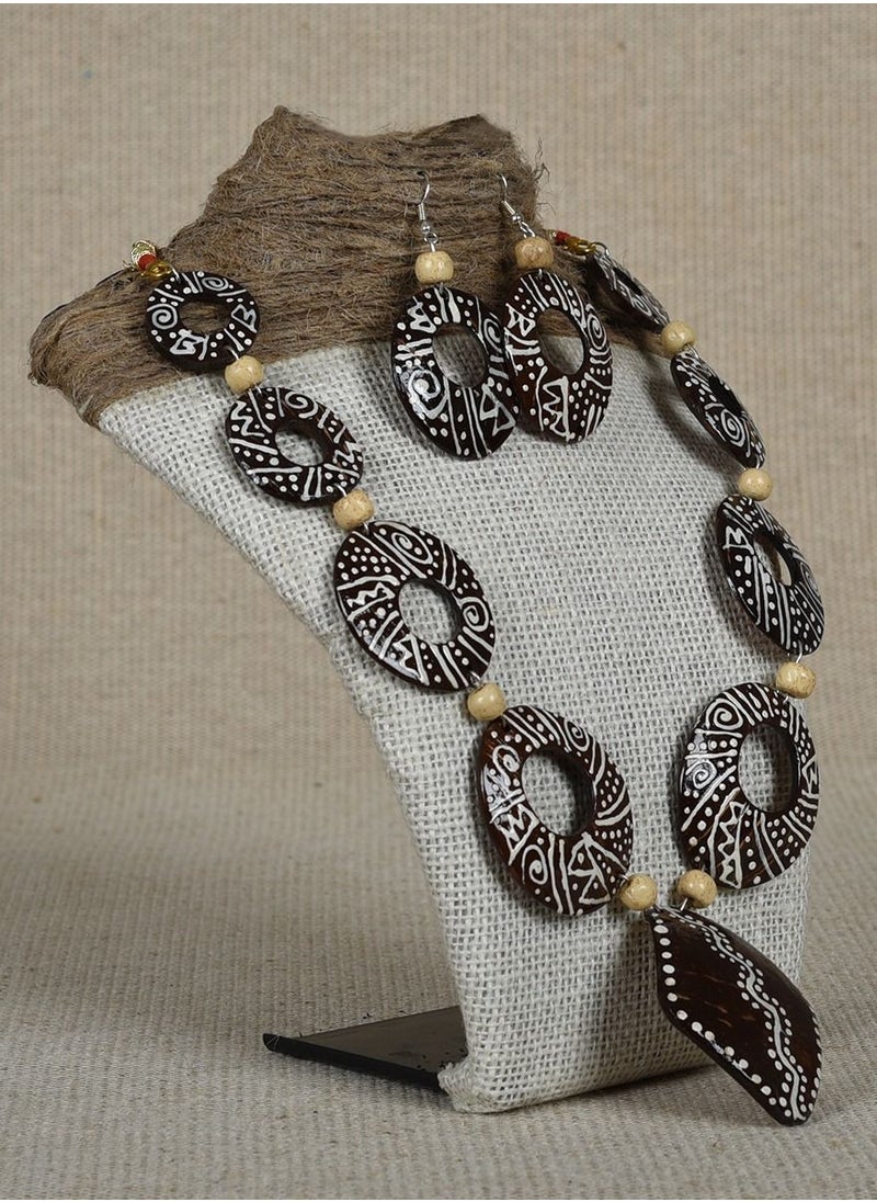 N & H - Women's Handcrafted Coconut Shell Designer Necklace with Earrings Set - Image 1