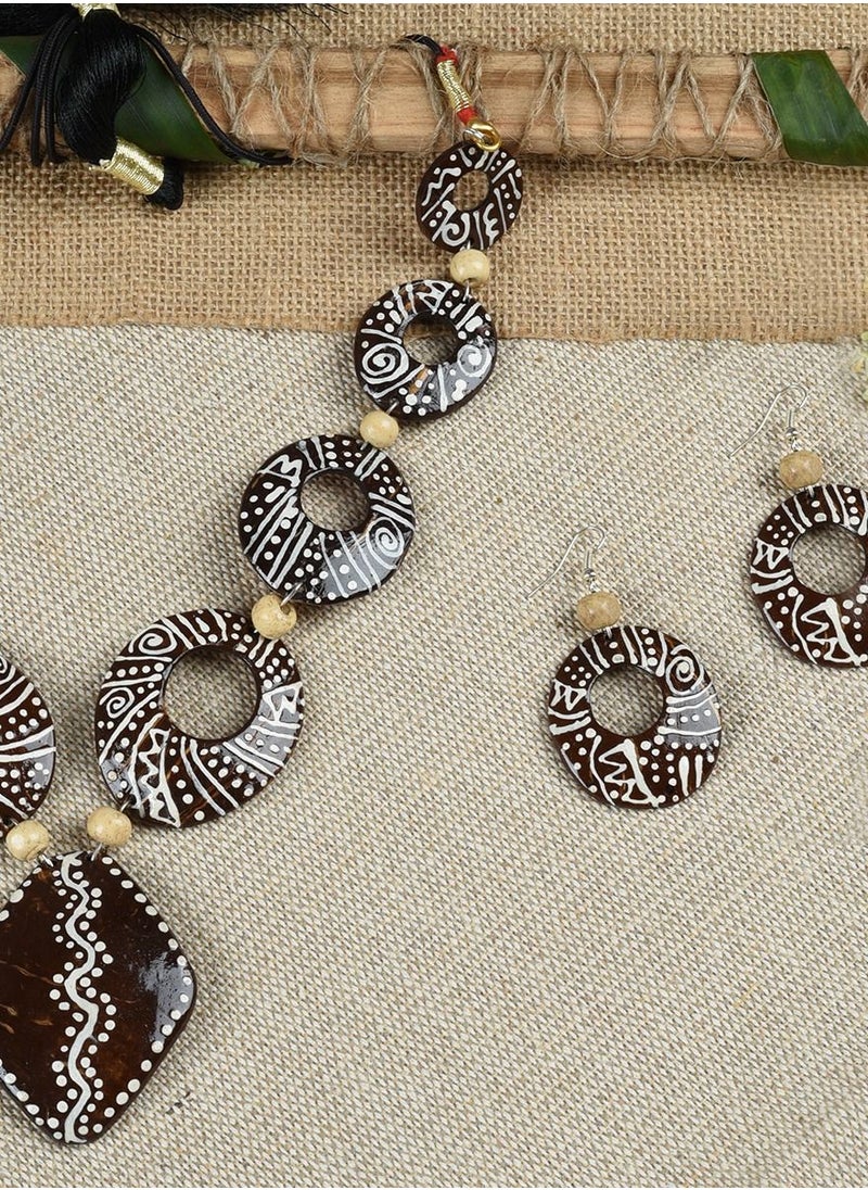N & H - Women's Handcrafted Coconut Shell Designer Necklace with Earrings Set - Image 1