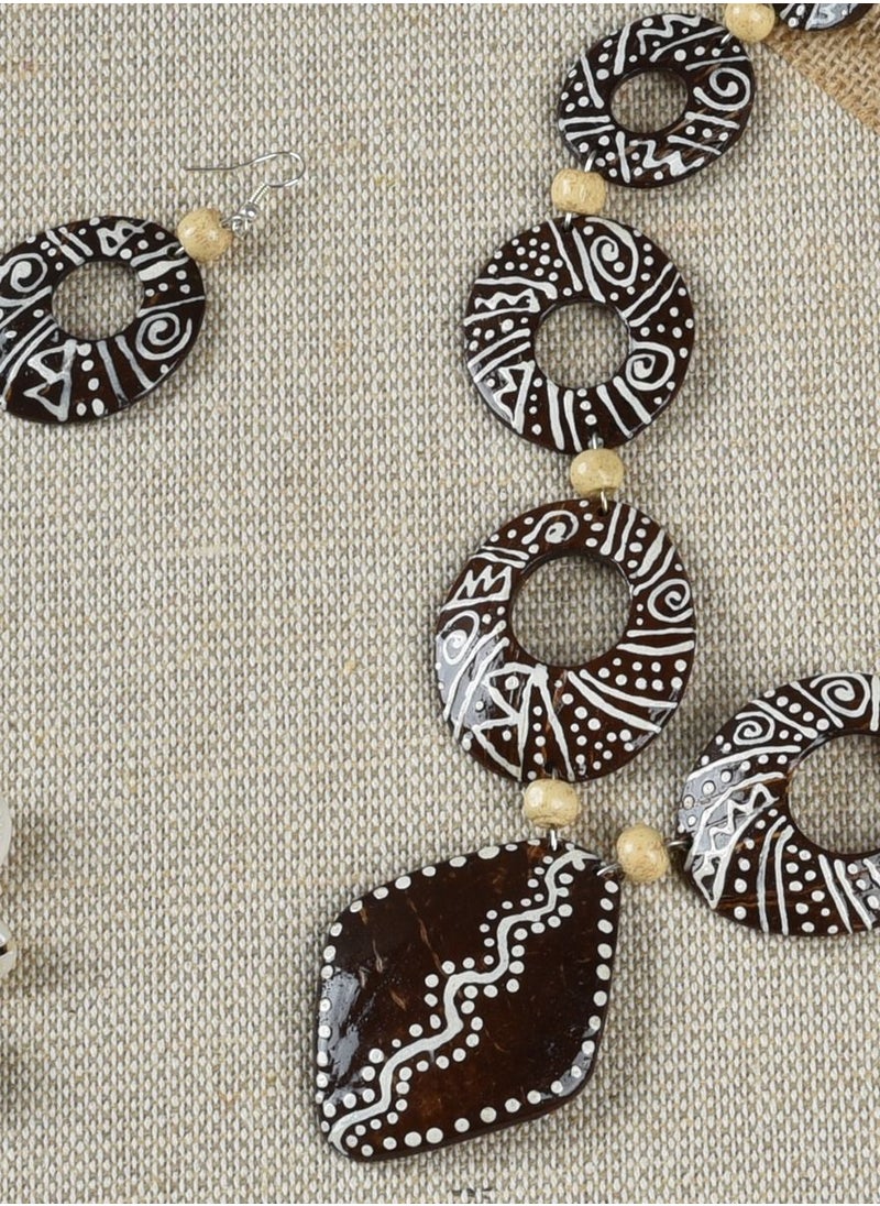 N & H - Women's Handcrafted Coconut Shell Designer Necklace with Earrings Set - Image 1