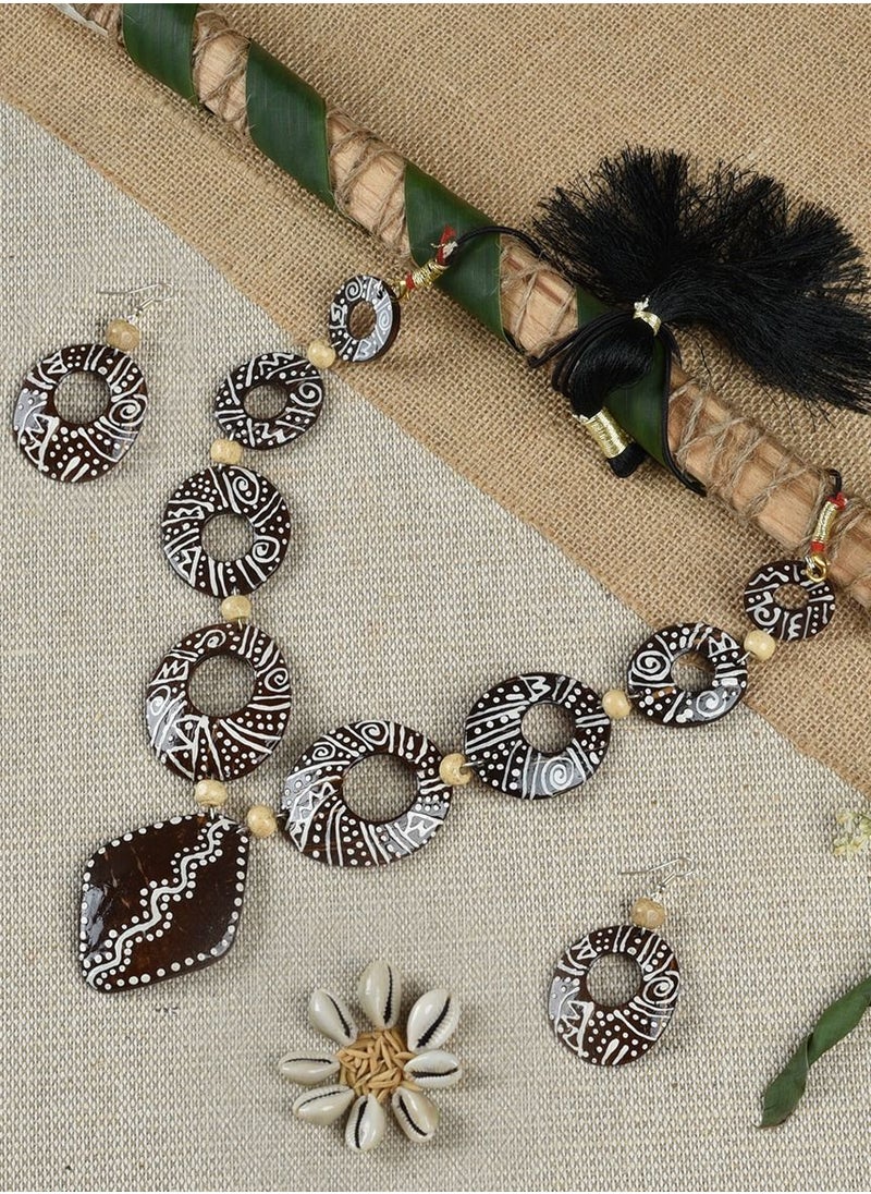 N & H - Women's Handcrafted Coconut Shell Designer Necklace with Earrings Set - Image 1