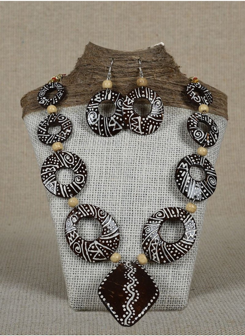 N & H - Women's Handcrafted Coconut Shell Designer Necklace with Earrings Set - Image 1