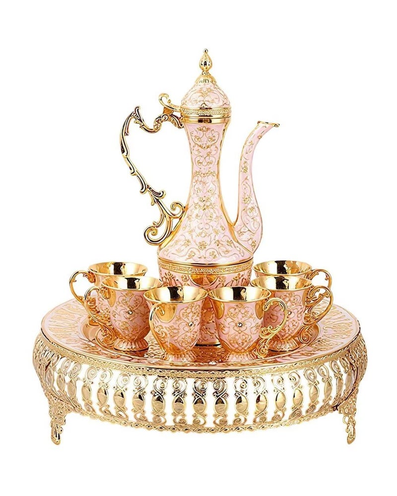 SEEK RARE Turkish Tea Set Vintage Coffee Pot with Shiny Crystal Tray and 6 Cups for Home Party Table Decor Gold - Image 1