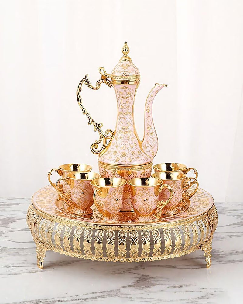 SEEK RARE Turkish Tea Set Vintage Coffee Pot with Shiny Crystal Tray and 6 Cups for Home Party Table Decor Gold - Image 3
