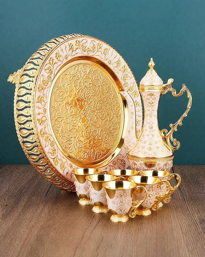 SEEK RARE Turkish Tea Set Vintage Coffee Pot with Shiny Crystal Tray and 6 Cups for Home Party Table Decor Gold - Image 5