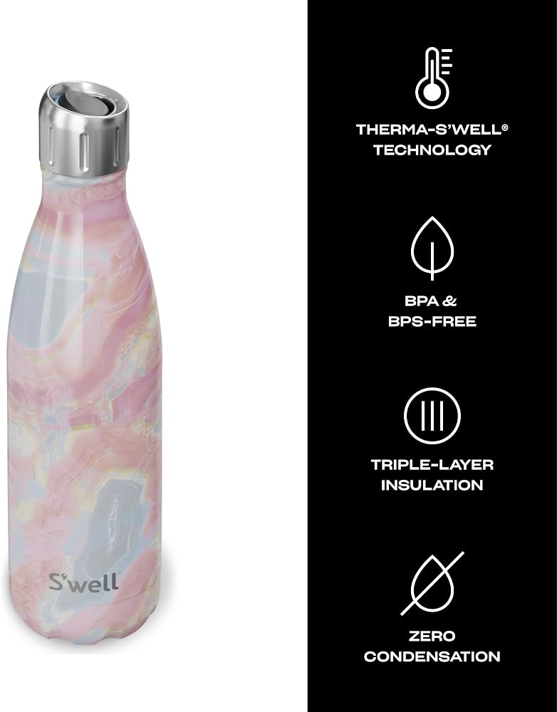 S'well Stainless Steel Water Bottle with Sports, 17oz, Geode Rose, Triple Layered Vacuum Insulated Containers Keeps Drinks Cold for 36 Hours and Hot for 10, BPA Free, Perfect for On the Go - Image 2