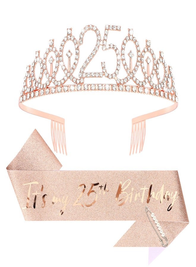 CIEHER 25th Birthday Crown Sash and Pearl Pin Set, 25th Birthday Gifts for Girls It's My 25 Birthday Decorations Women - Image 1