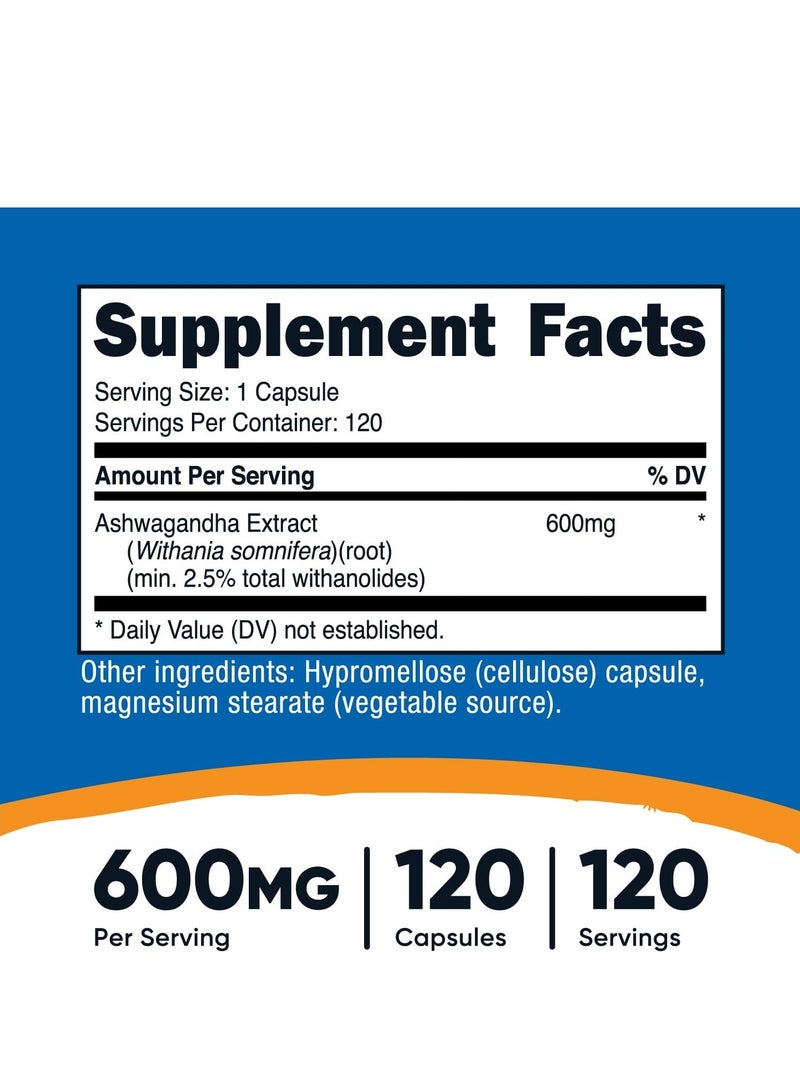 مكمل عشبي من أشواغاندا، 600 ملغ، 120 كبسولة، تكفي لمدة 4 أشهر - Image 2