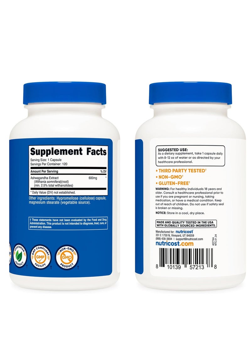 مكمل عشبي من أشواغاندا، 600 ملغ، 120 كبسولة، تكفي لمدة 4 أشهر - Image 3
