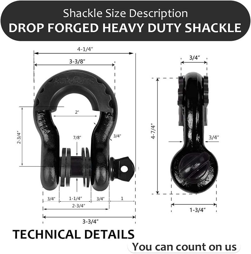 AUTOBOTS D Ring Shackles 3/4" (2 Pack) - 45,000Ib Max Break Strength With 7/8" Pin & Isolator Washers - Heavy Duty Clevis for Tow Strap, Jeep Vehicle Off Road Recovery - Black - Image 2