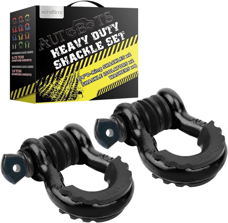 AUTOBOTS D Ring Shackles 3/4" (2 Pack) - 45,000Ib Max Break Strength With 7/8" Pin & Isolator Washers - Heavy Duty Clevis for Tow Strap, Jeep Vehicle Off Road Recovery - Black - Image 1
