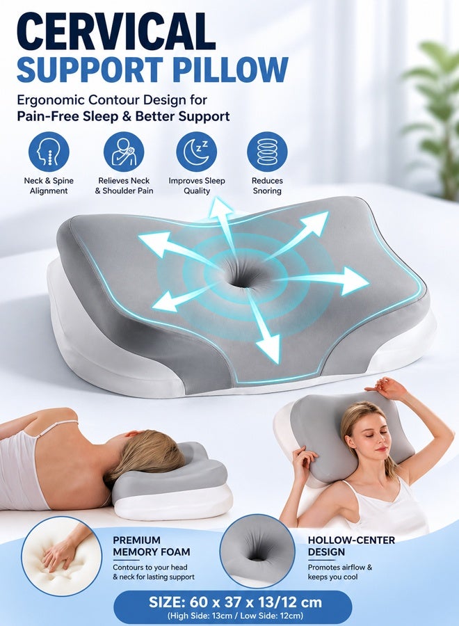 Cervical Support Pillow, Ergonomic Curve, High Density Memory Foam Pillow for Side Sleeper, Face Up and Down Sleeping, with Washable Cover, 60 x 37 x 13/12 cm - Image 1