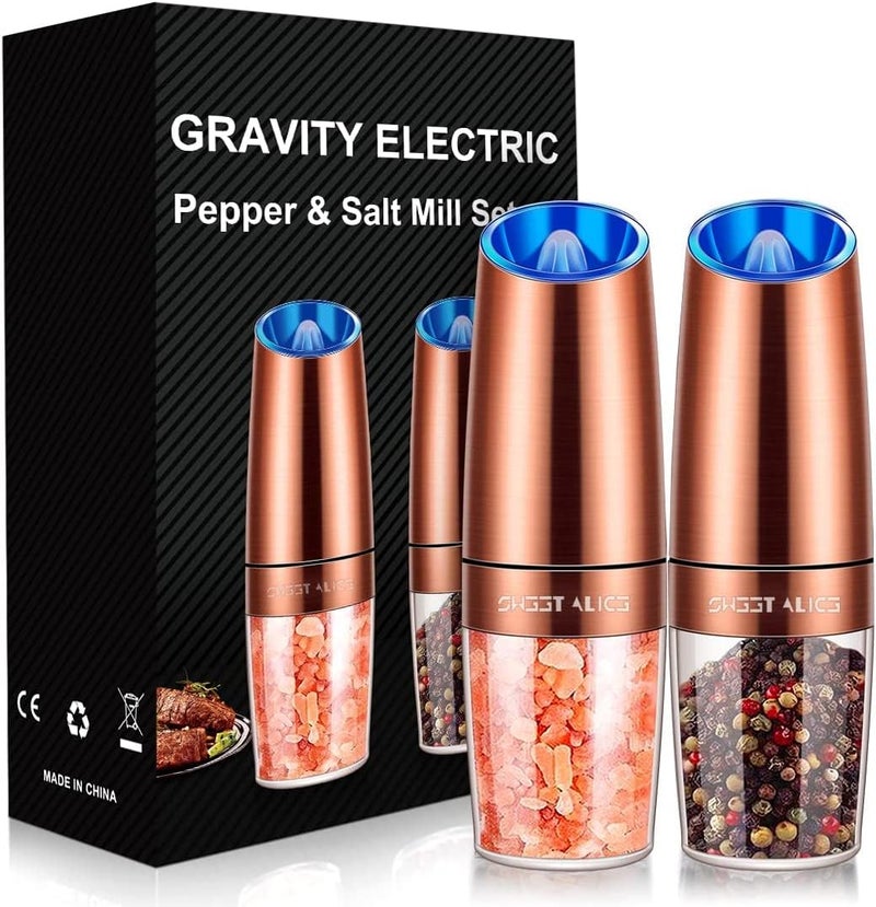 Sweet Alice Gravity Electric Pepper and Salt Grinder Set Adjustable Coarseness Battery Powered with LED Light One Hand Automatic Operation Stainless Steel Copper 2 Pack 