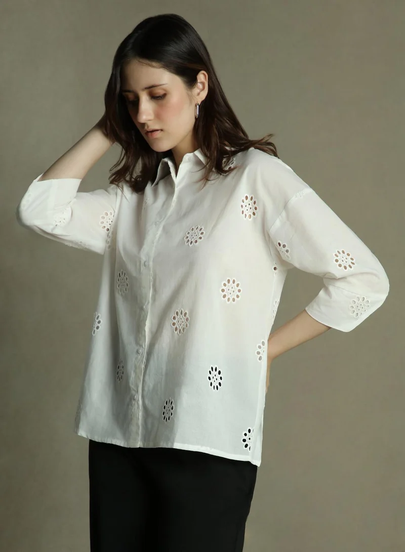 Women's White 100% Cotton Embellished Relaxed Fit Shirt