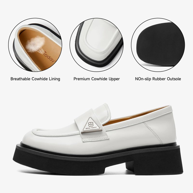 BEAU TODAY Chunky Loafers Women,Patent Full Grain Leather Loafers for Women,Comfortable Slip-on Fashion Platform Shoes, Non Slip Business Casual Work Office Square Toe Dress Shoes Beige US 5.5 - Image 3