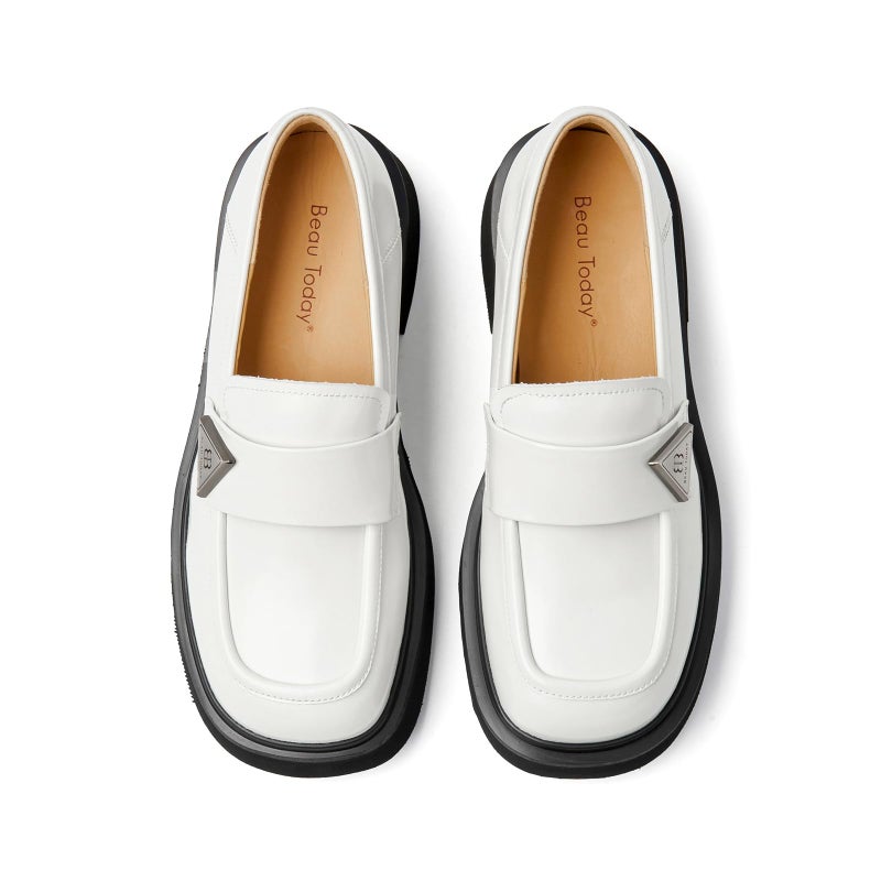 BEAU TODAY Chunky Loafers Women,Patent Full Grain Leather Loafers for Women,Comfortable Slip-on Fashion Platform Shoes, Non Slip Business Casual Work Office Square Toe Dress Shoes Beige US 5.5 - Image 1