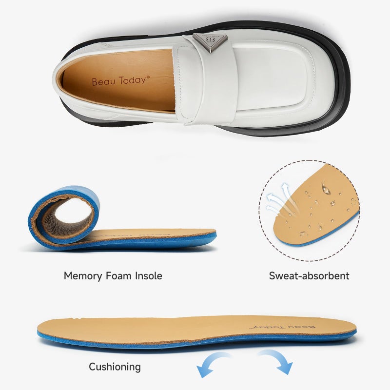 BEAU TODAY Chunky Loafers Women,Patent Full Grain Leather Loafers for Women,Comfortable Slip-on Fashion Platform Shoes, Non Slip Business Casual Work Office Square Toe Dress Shoes Beige US 5.5 - Image 4