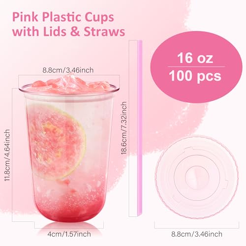 tchrules 100 Set 16oz Plastic Cups with Lids & Straws, Disposable Pink Clear Iced Coffee Cup with Lid, Round Bottom Plastic To Go Cups for Cold Drinks Slushie Smoothie Valentine Holiday Party Supplies - Image 2
